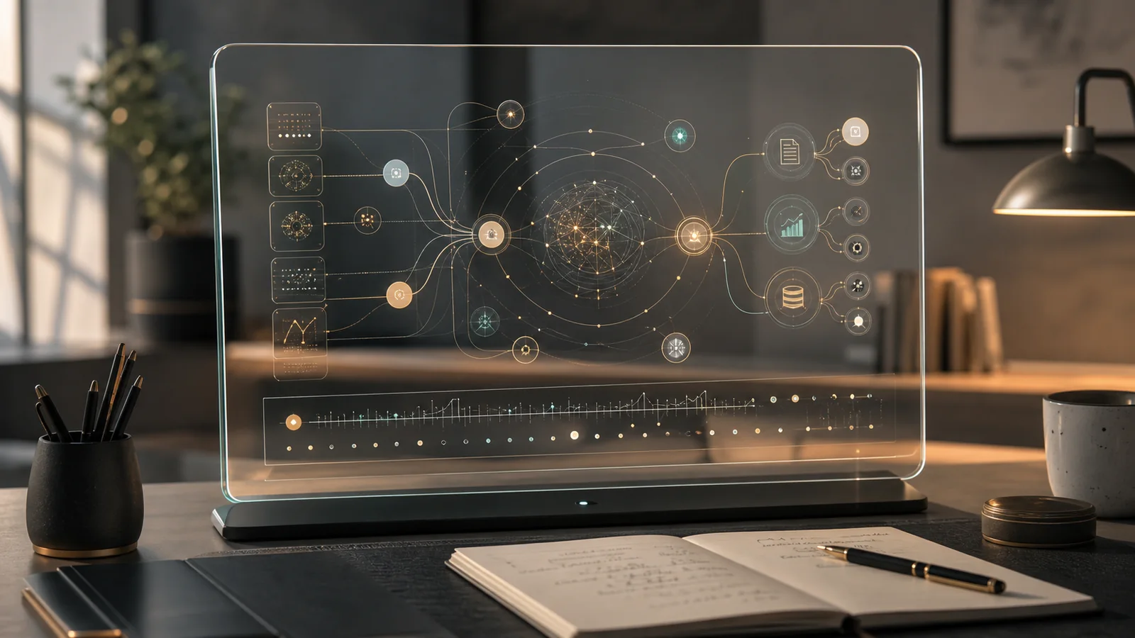 Clara orchestration interface visual on a quiet technical workspace