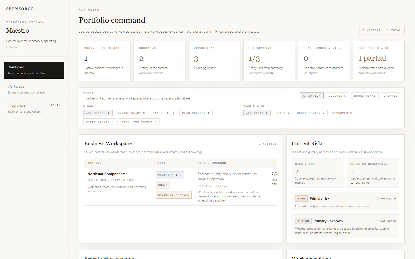 Maestro portfolio command dashboard showing evidence, workstreams, KPI coverage, and risks