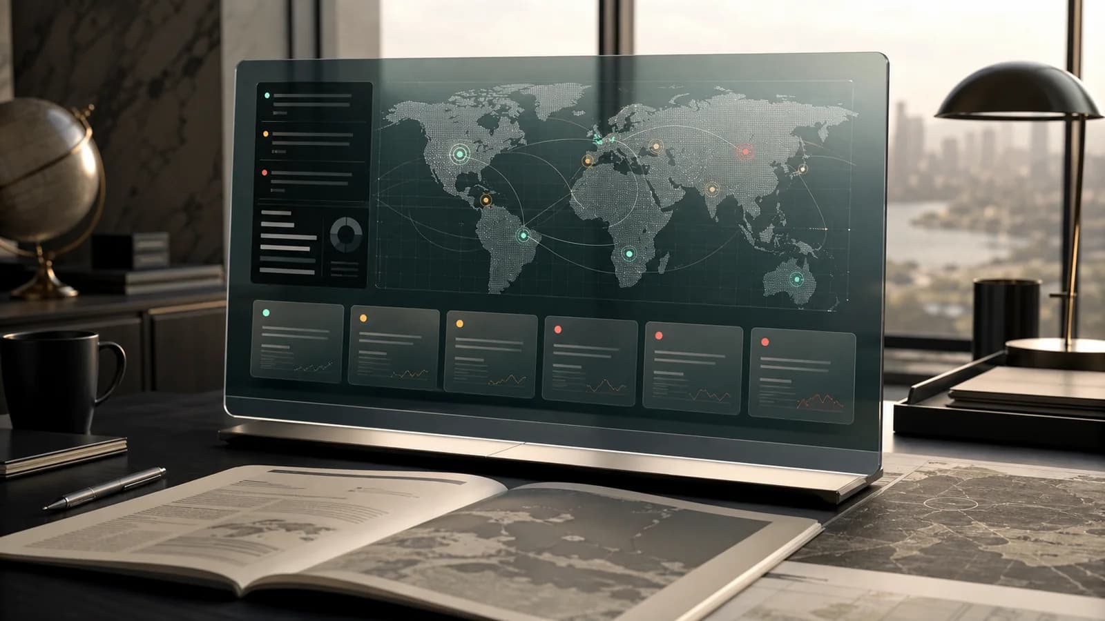 Meridian executive intelligence dashboard visual with global briefing context