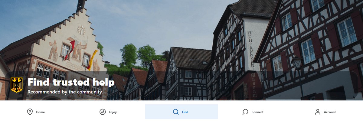 Trailhead Find interface showing its Germany community-services navigation
