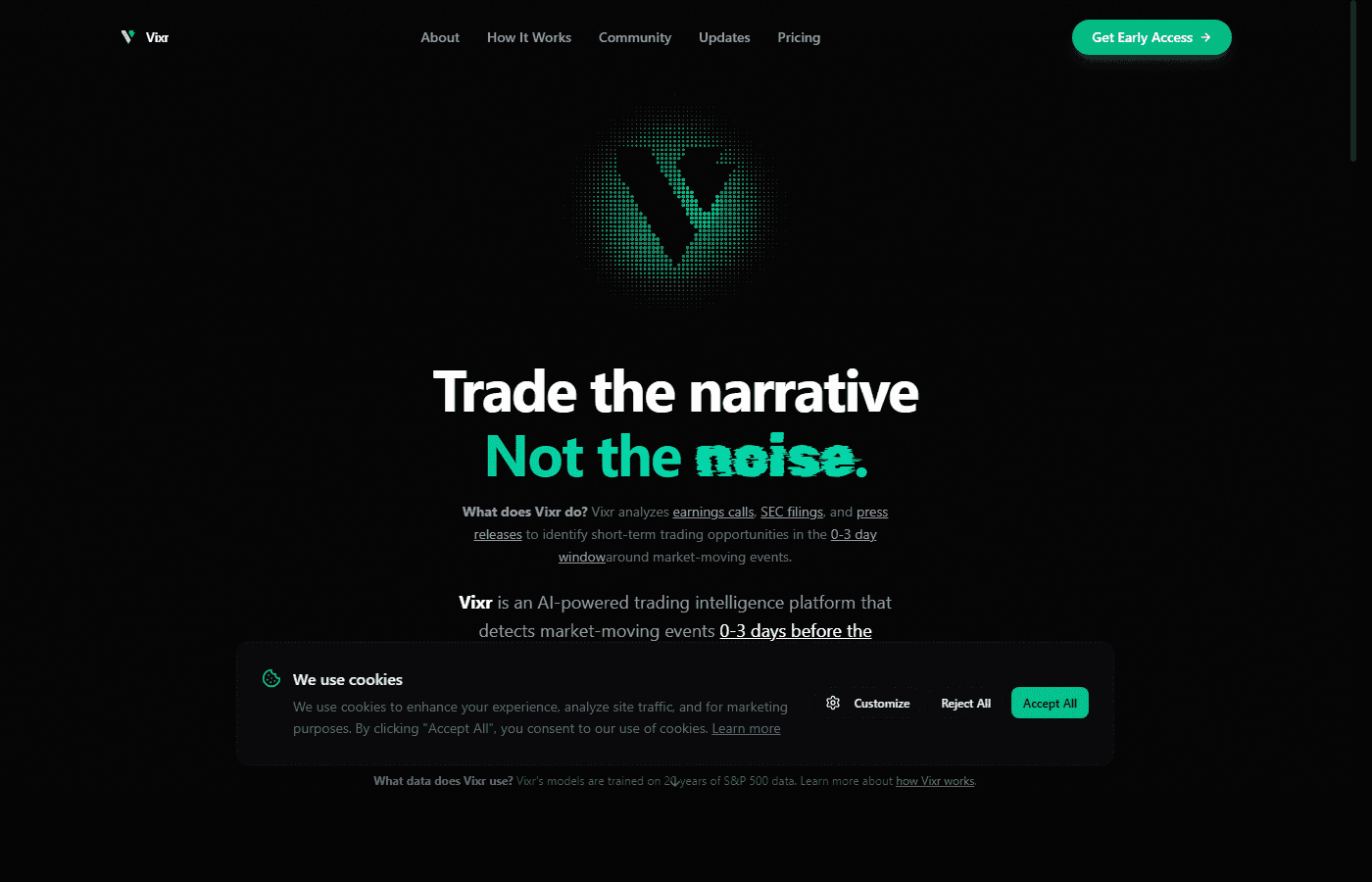 Vixr public website showing its narrative-intelligence product interface
